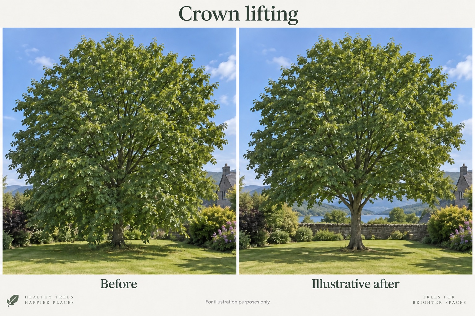 Before and after illustration of crown lifting