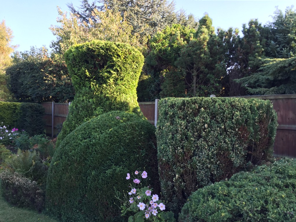 Clipped evergreen hedge with flowering plants at its base