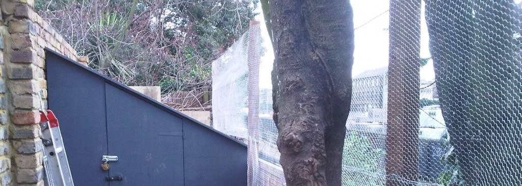 Wire mesh fencing beside a tree and gate