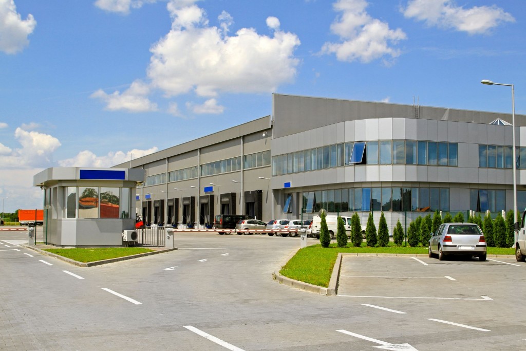 Commercial building with landscaped grounds
