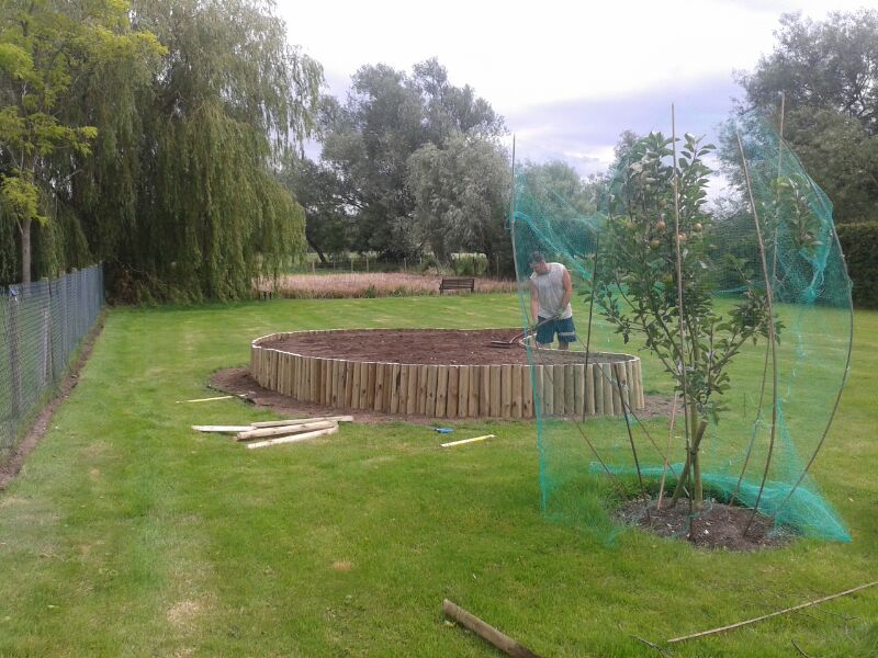 Curved timber-edged raised beds set within a garden lawn