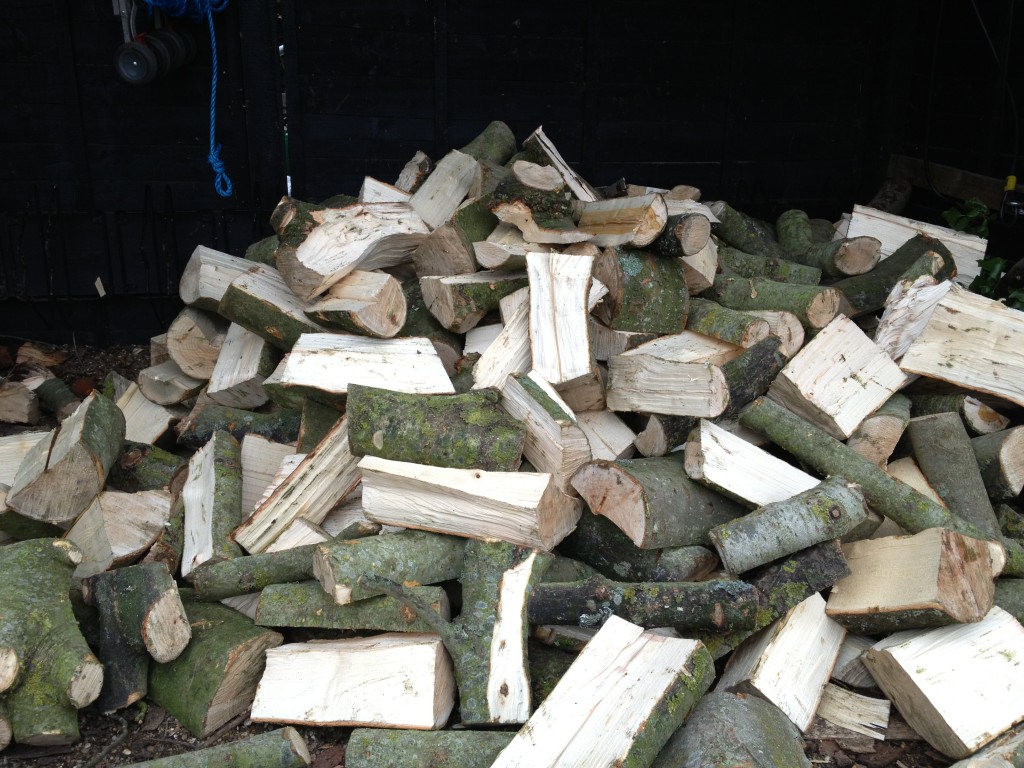 Stack of split logs ready for firewood