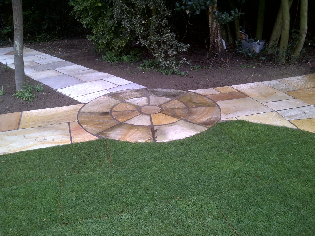 Circular paving detail joining garden paths